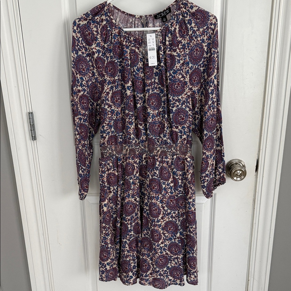 J. Crew Palermo Blue Floral Long Sleeve Smocked Waist Dress, Size M